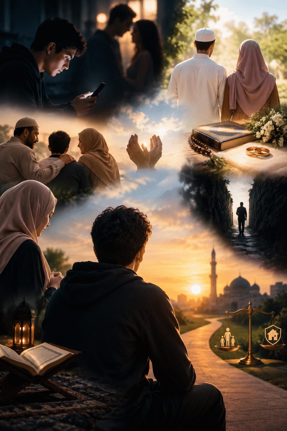 Jeune musulman marchant sur un chemin lumineux vers la foi, illustration du rappel sur les relations avant le mariage en islam
