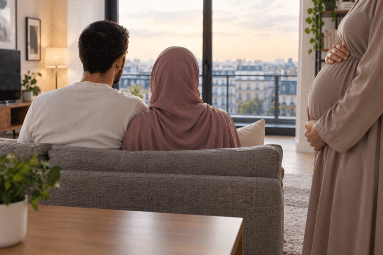 Couple musulman marié au coucher du soleil, illustration de la fiche sur le délai avant le nikah après une relation